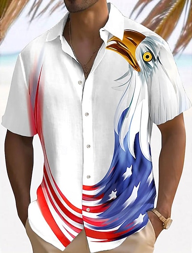  アメリカ独立記念日 男性用 アメリカの国旗 国旗 ボタンアップシャツ 半袖 ハワイアン カジュアル リゾート アウトドア カジュアル 祝日 夏 春 折襟 プリント ホワイト