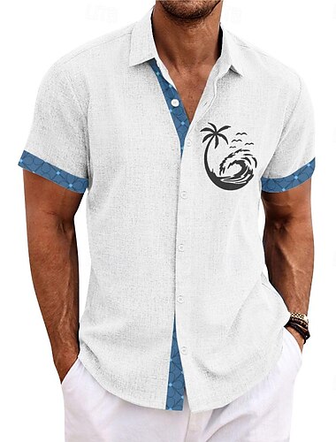  Herren Kokosnussbaum Hemd Knopfhemd Kurzarm Vintage Hawaiianisch Brautkleider schlicht Urlaub Täglich Sommer Frühling Umlegekragen Knopf hoch 3D-Druck Weiß Rosa Blau
