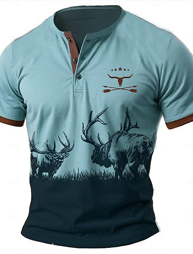  Herren Cowboy T Shirt Henley Shirt Kurzarm 3D-Druck Designer Retro Vintage westlicher Stil Strasse Casual Täglich Sommer Frühling Leicht Braun Blau Braun Henley Henley T-Shirt