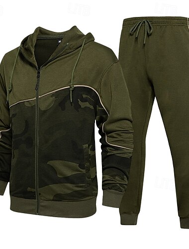  Voor heren Trui met capuchon Trainingspak Hoodie met volledige rits sweatsuit Leger Groen Khaki Grijs Capuchon Kleurenblok Camouflage Kleur Lapwerk 2-stuks Sport & Outdoor Dagelijks Feestdagen