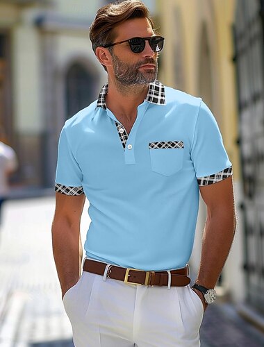 Herren Poloshirt Golfhemd Casual Festtage Kargen Kurzarm Modisch Basic Hahnentrittmuster Plaid / Karomuster Patchwork Tasche Sommer Regular Fit Weiß Himmelblau Dunkelgrau Orange Kaki Poloshirt