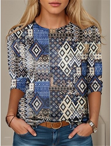  Dame T-shirt Farveblok Geometri Mode Moderne Langærmet Rund hals Almindelige toppe Ferierejse Daglig Trykt mønster Lyserød Blå Mørkegrøn Grøn Forår & Vinter