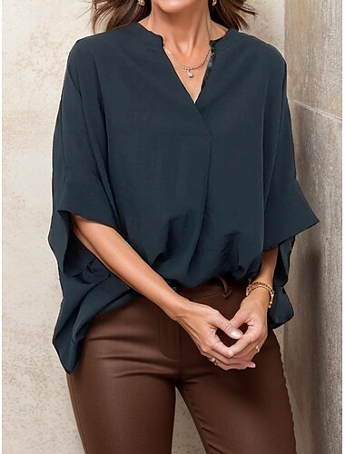  Damenbluse elegant stilvoll einfarbig gerafft Fledermausärmel 3/4 Ärmel gekerbter Kragen Arbeit Alltag weiß marineblau braun grün Sommer Frühling Herbst