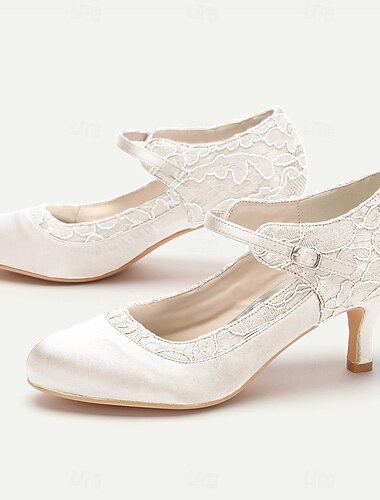  Damen Absätze Retro Abendschuhe Mary Jane Hochzeit Party Täglich Schnalle Band-Bindung Spitze Stöckelabsatz Runde Zehe Elegant Spitze Satin Schnalle Wein Schwarz Elfenbein