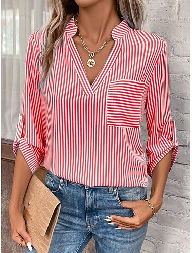 Damen Hemd Bluse elegante Tops stilvoll modern gestreift Tasche 3/4 Ärmel gekerbter Kragen Arbeit schwarz gelb rot königsblau himmelblau Sommer Frühling Herbst