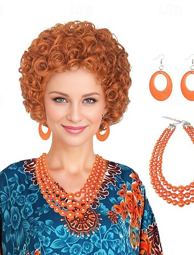  Frauen Seil Kurz Lockig Rot Orange Perücke mit Übergroßem Orangen Schmuckset Karneval Party Perücke Outfit Halloween Perücken