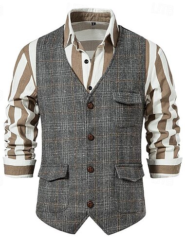  Herren Weste Hochzeit Veranstaltung / Fest Täglich Modisch Geschäftlich Frühling Sommer Taste Tasche Polyester Komfortabel Plaid Doppelreihiger Verschluss Kargen Regular Fit Hellgrau Dunkelgray Kaffee