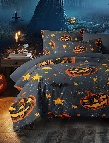  Halloween-Bettbezug-Set mit Jack-o-Lantern-Kürbis, gruseliges und festliches Design – inklusive Bettbezug und Kissenbezügen – weicher und bequemer Stoff – perfekt, um Ihrem Schlafzimmer Halloween-Stimmung zu verleihen