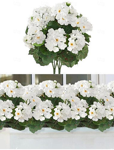  künstliche rote Geranien-Seidenblumen, Pflanzenbusch für draußen, 2 Bündel, Kunstblumen, Geranien für draußen, florale Heimdekoration, Innengarten, Terrassenvase, Grab, Friedhof, Tischdekoration