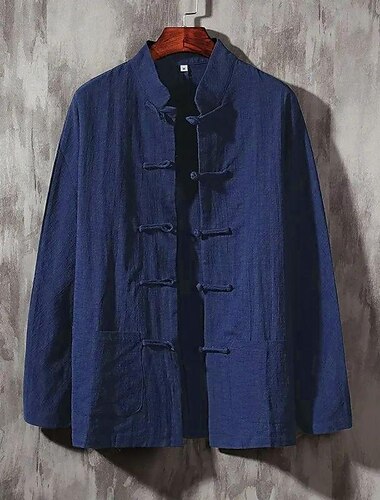  Herren Hemd leinenhemd Hemd mit chinesischem Kragen Hemd mit Stehkragen Freizeithemd Baumwollhemd Einfach Urlaub Hawaiianisch Schwarz Weiß Marineblau Beige Langarm Großvaterkragen Frühling & Herbst