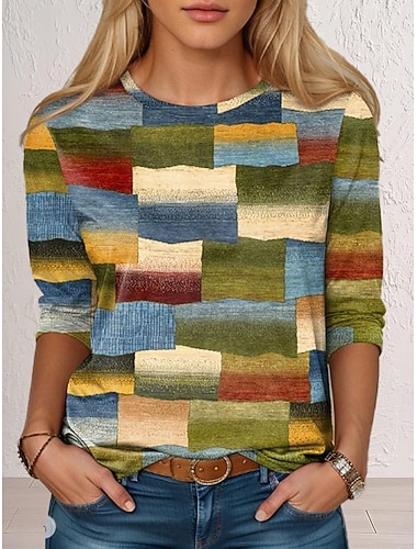  Per donna Maglietta Stampato Blocco di colori Geometria Moda Moderno Manica Lunga Girocollo Top Regolari Quotidiano Vacanza Blu Rosa Verde scuro Verde Primavera & Autunno