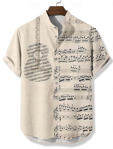  Voor heren Muziek Gitaar Overhemd Overhemd met knopen Korte mouw Vintage Casual Dagelijks Zomer Lente Band Kraag opa kraag Dichtknopen Zak 3D-afdrukken blauw Bruin Khaki Beige