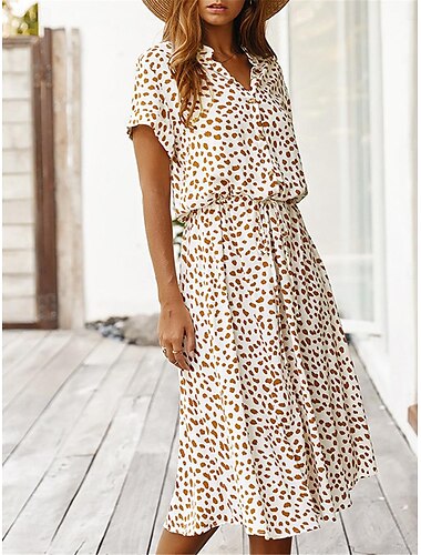  Vestido casual para mujer, estampado floral, cuello camisero, vestido midi, elegante, informal, para uso diario, vacaciones, manga corta, verano