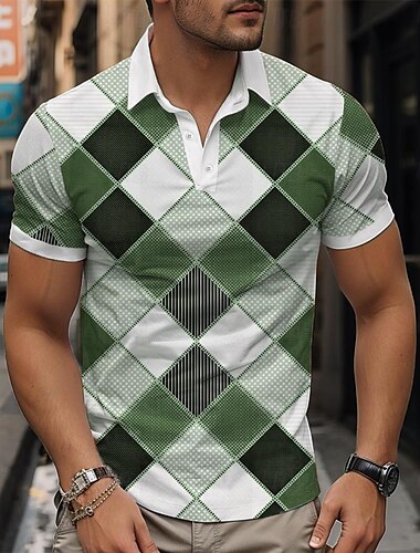  Herren Karomuster Poloshirts Golfshirt Kurzarm Polo-Shirts Hemden mit Kragen Vintage Lässig Urlaubskleidung Formelle Kleidung Festivalkleidung Knöpfe 3D-Druck Frühling & Sommer Blau Grün Khaki