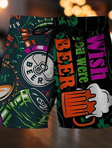  Herren Buchstabe Bier Badehosen Badeshorts Boardshorts Mittlere Taille Mode Hawaiianisch Designer Lässig Täglich Ferien Tasche Kordelzug Elastischer Bund Designer Bekleidung