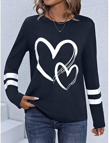  Damen T-Shirt Casual Print Langarm Normal Oberteile Rundhals Alltag Marineblau Frühling Herbst