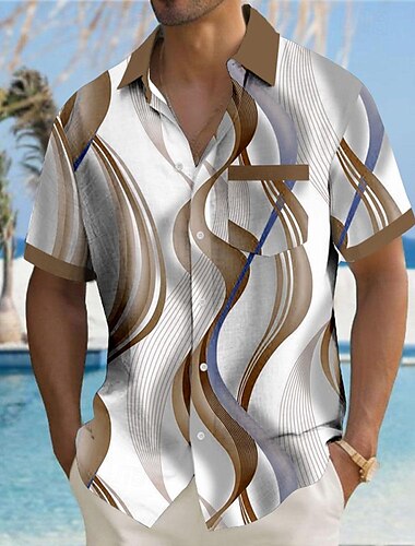  Herren Geometrisch Linien / Wellen Geometrische Muster Knopfhemd Bedruckte Hemden Kurzarm Hawaiianisch Resort Outdoor Karriere/ Zeremonie / Hochzeit Sommer Umlegekragen Bedruckt Button-Down Blau
