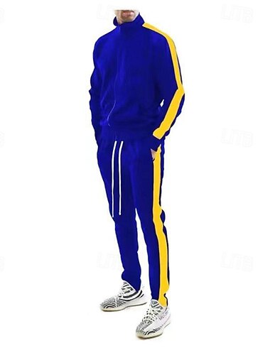  Herre Joggedress 2 deler Full glidelås Avslappet Høst Langermet Pustende Myk Trening Treningsøkt Løp Sports Sportsklær Fargeblokk Svart Gul Militærgrønn