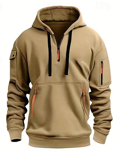  Herren Hoodie Sweatshirt Kapuze Hoodie mit Viertelreißverschluss Taktisch Schwarz Weiß Burgunderrot Marineblau Königsblau Mit Kapuze Glatt Tasche Sport & Natur Täglich Festtage Strassenmode Cool