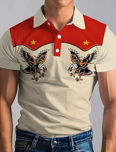  בגדי ריקוד גברים Western Wear חולצות פולו חולצת גולף שרוולים קצרים חולצות פולו חולצות עם צווארון בגדי נופש תלבושות למסיבה כפתורים הדפסת תלת מימד אביב קיץ חאקי