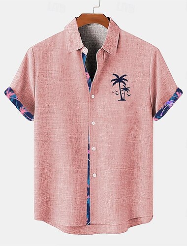  Voor heren Overhemd linnen overhemd Strand hemd Hawaiiaans overhemd Kokosnootboom Vakantie Feestdagen Blozend Roze blauw khaki Korte Mouw Strijkijzer Zomer Kleding