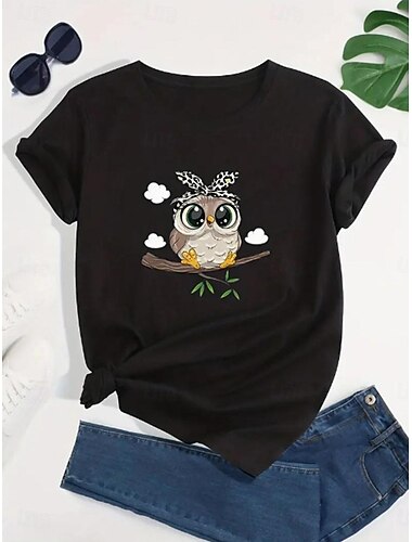  Damen T-Shirt 100% Baumwolle Eule Alltag Casual Kurzarm Schwarz Sommer