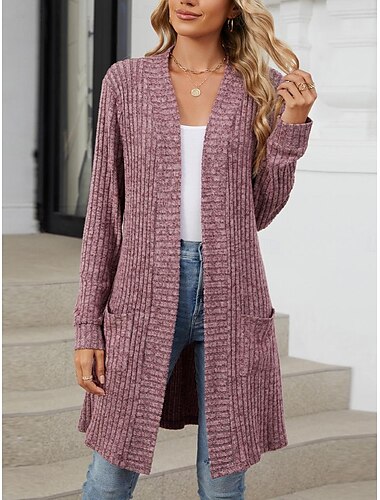  Strickjacke für Damen, vorne offen, Stricktasche, Frühling/Herbst, regulär, für den Alltag, langärmlig, einfarbig