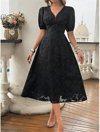  Mujer Vestido de encaje Vestido Midi Encaje Retazos Fiesta Invitado a la boda Fiesta de Cóctel Elegante Ropa de calle Escote en Pico Manga Corta Negro Rojo Azul Marino Color