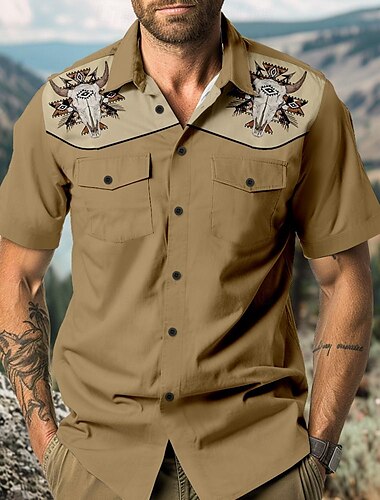  Men's Cowboy Shirt Western Shirt Cowboy Shirt Short Sleeve Western Style Outdoor Summer Spring Shirt Collar Black Brown Khaki