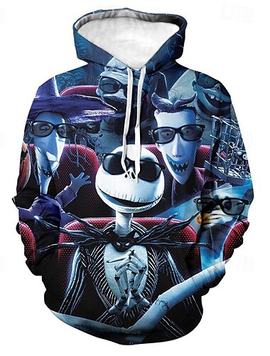  Jack Skellington Kapuzenshirt Zeichentrick Manga Anime 3D Vordertasche Grafik Kängurutasche Für Paar Herren Damen Erwachsene Halloween Karneval Maskerade 3D-Druck Casual