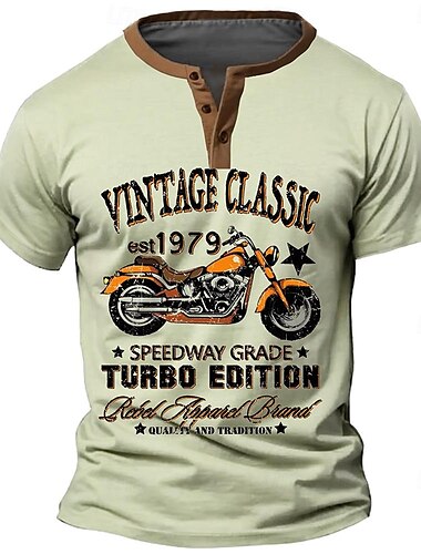  Herren Motorräder T Shirt Henley Shirt Kurzarm 3D-Druck Designer Retro Vintage Strasse Casual Täglich Sommer Frühling Blau Grün Khaki Henley Henley T-Shirt