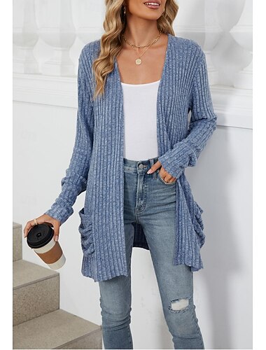  Femme Gilet Cardigan Elégant Décontractées Couleur unie A côtes Ouvrir le devant Poche manche longue Hauts réguliers Tricoter Travail du quotidien Noir Vert Véronèse Printemps Automne