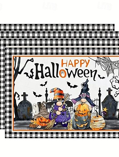  4-teiliges Halloween-Tischset, 30,5 x 45,7 cm, Kürbis, Geister, Lastwagen, Fledermäuse, Büffelkariert, waschbares Leinen, Tischsets für Esstisch, Bauernhaus, saisonale Küche, Abendessen, Party,
