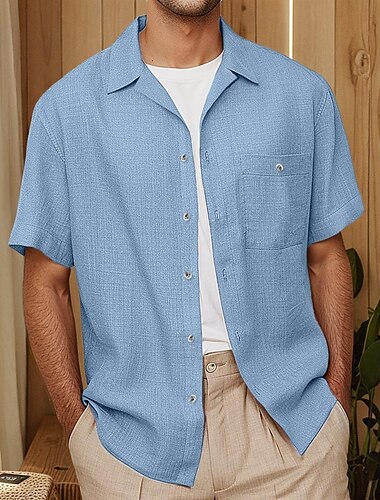  Voor heren Overhemd Linnen overhemd Cubaans overhemd Effen Kleur Vakantie Straat Zwart blauw Bruin Groen Korte mouw Lente zomer Kleding