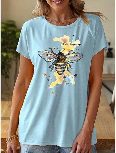  Damen T Shirt Bienen Stilvoll Brautkleider schlicht Kurzarm Rundhalsausschnitt Normale Oberteile Täglich Bedruckt Gelb Rosa Blau Grün Sommer
