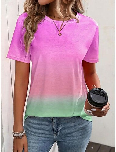  Damen T Shirt Farbverlauf Geometrie Brautkleider schlicht Kurzarm Rundhalsausschnitt Normale Oberteile Täglich Bedruckt Blau Purpur Grün Regenbogen Sommer