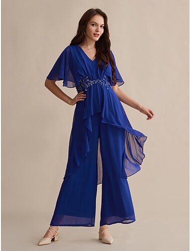  Vestido de novia de gasa azul real con escote en V y mangas acampanadas bordadas con lentejuelas para invitados de boda, para impresionar en 2024
