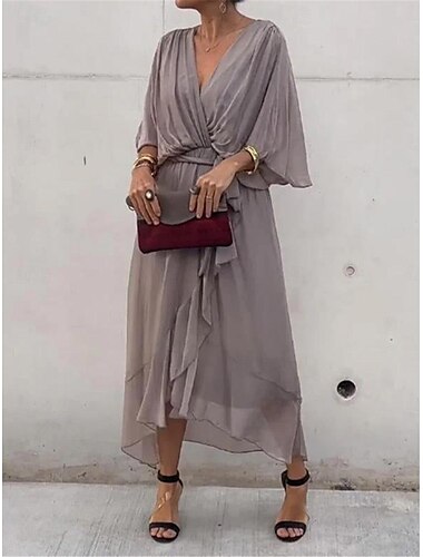  Dame Chiffonkjoler Maxikjole Chiffon Blondér Drapering Fest Bryllupsgæst Stævnemøde Elegant Gade V-hals 3/4-ærmer Hvid Blå Grøn Farve