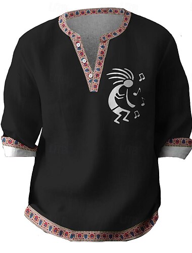  Herren Kokopelli Hemd Knopfhemd Henley Shirt Langarm Vintage Brautkleider schlicht Stamm Urlaub Täglich Strand Sommer Frühling Herbst V Ausschnitt 3D-Druck Schwarz Blau Khaki