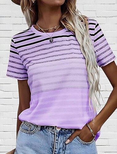  Damen T Shirt Gestreift Brautkleider schlicht Kurzarm Rundhalsausschnitt Normale Oberteile Täglich Bedruckt Rosa Blau Purpur Sommer