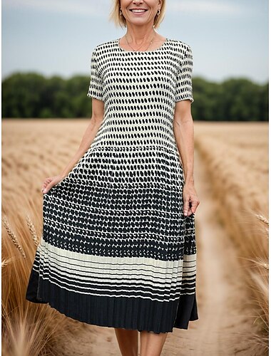  Dames Werk Jurk A lijn jurk Modieus Dagelijks Halflange jurk Ruche Vierkante hals Korte mouw Geometrisch Streep Ruim Passend Zwart Zomer L