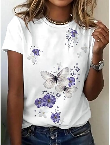  Dam T-shirt Mönster Blommig Fjäril Stylish Ledigt Kortärmad Rund hals Vanliga toppar Dagligen Vit Sommar