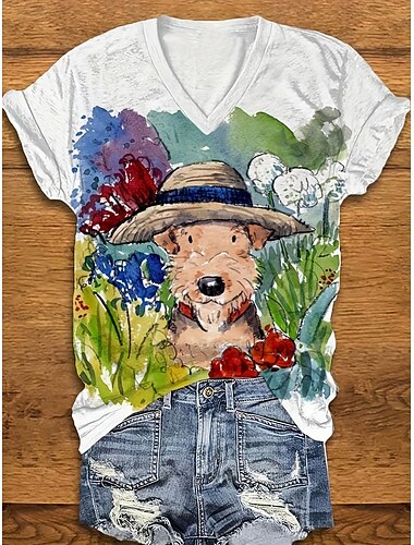  Damen T Shirt Hund Farbverläufe Brautkleider schlicht Kurzarm V Ausschnitt Normale Oberteile Täglich Bedruckt Weiß Sommer