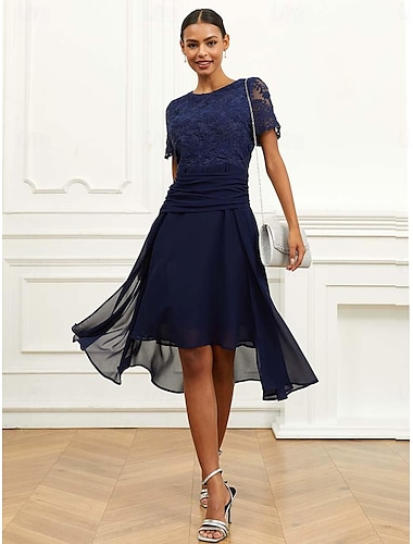  Dames A lijn jurk Chiffon Kant Met ruches Strakke ronde hals Korte mouw Halflange jurk Bruiloft gast Cocktailparty Elegant Formeel Donkerblauw Zomer