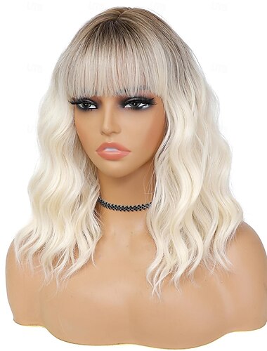  Ombre Blond Paróka Frufruval Nőknek 14 Hüvelykes Vállhosszú Rövid Bob Hullámos Göndör Paróka Platina Blond Paróka Hőálló Szintetikus Parókák Halloween Parókák