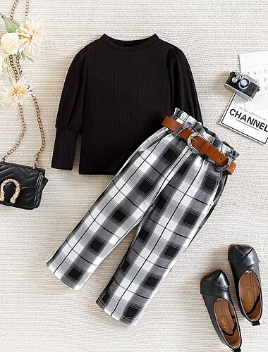  Mädchen 3D Feste Farbe Plaid T-Shirt & Hose Set Langarm Sommer Brautkleider schlicht Streetstyle Baby 1-5 Jahre Rundhalsausschnitt Outdoor Lockere Passform