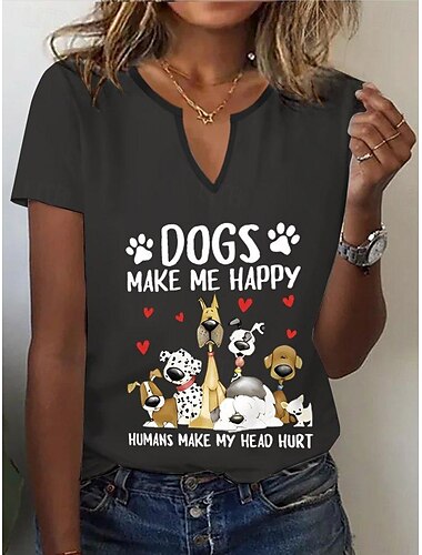  Damen T-Shirt Henley Shirt Basic Hund Buchstabendruck Kurzarm Normal Oberteile Rundhalsausschnitt Alltag Wochenende Schwarz Weiß Rot
