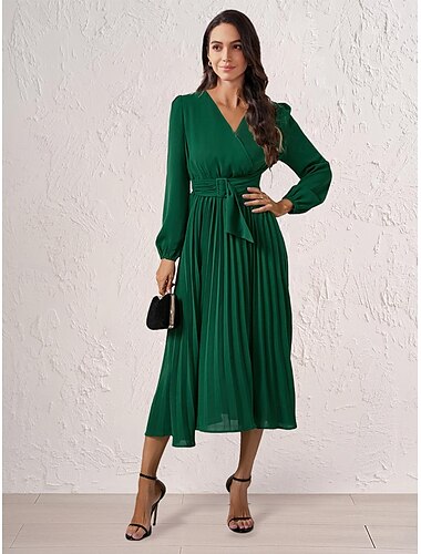  בגדי ריקוד נשים שמלת קז'ואל שמלת מידי Ruched עם חגורה עבודה אלגנטית צווארון V שרוול ארוך שחור אודם פול צבע