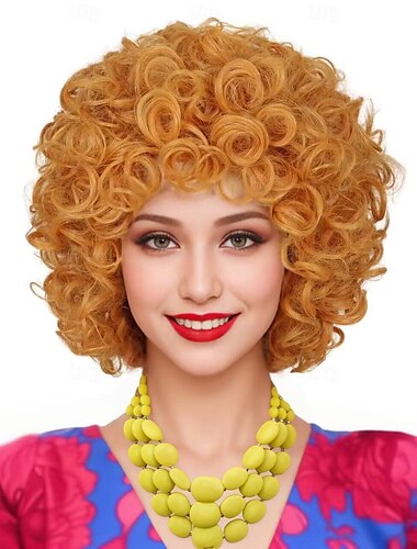  Mrs Roper Kurze Flauschige Lockige Orange Rote Cosplay Perücke Frauen Kostüm für Karneval Halloween Perücken