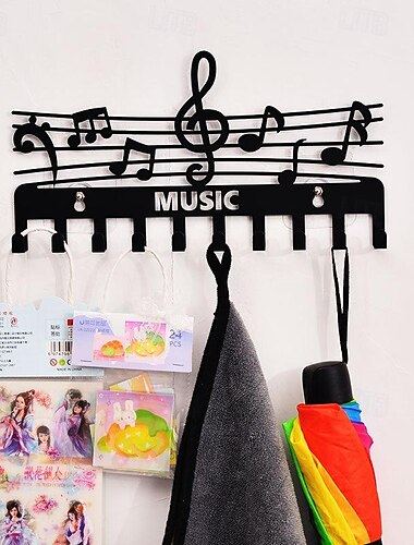  Multifunktionales Aufbewahrungsregal mit Musiknoten aus Eisen, Schlüsselhaken, Garderobenständer, schwarzer kreativer Aufbewahrungshaken, geeignet für die Wanddekoration im Innenbereich
